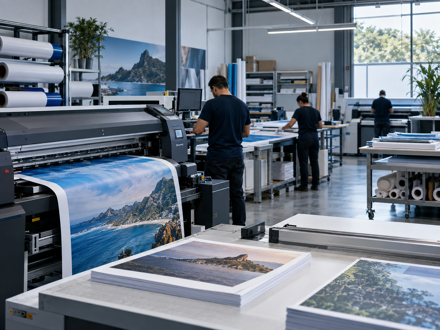 Ambiente de produção gráfica com equipamentos em operação